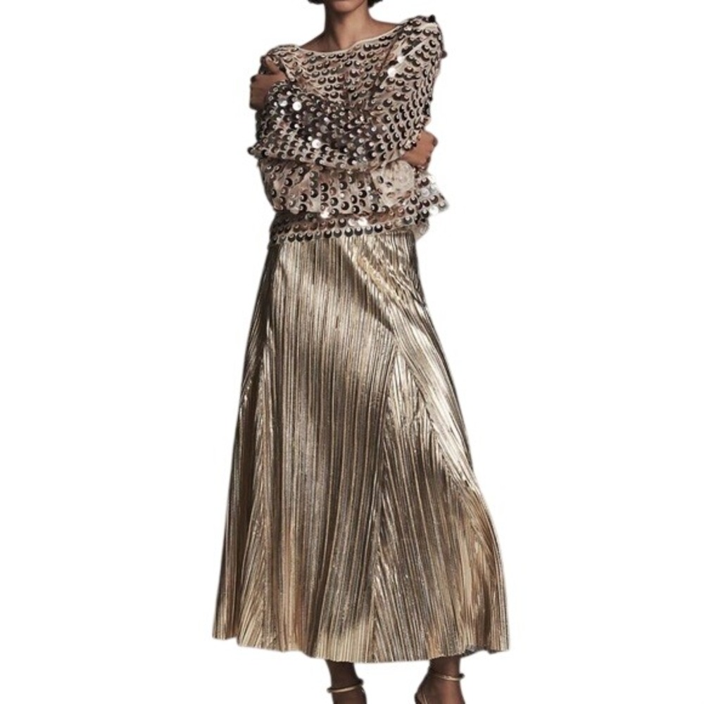 Anthropologie Pleated Maxi Skirt Women 14 Gold Metallic Party Holiday Glam Core